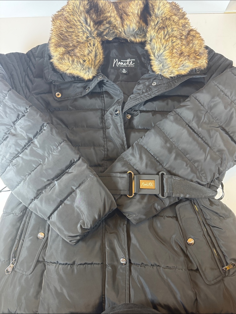 Nanette Lepore Black Quilted Puffer Coat with Faux Fur Collar and Belt